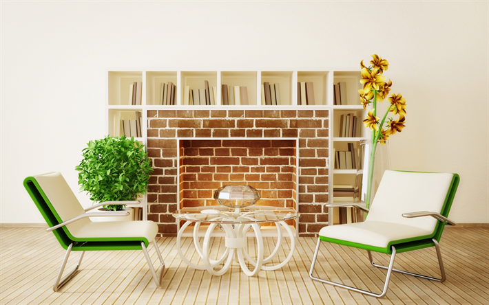 living room, modern interior design, fireplace, minimalism style, green creative chairs, stylish design