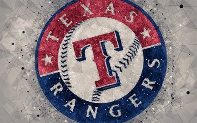 Texas Rangers, 4k, art, logo, amerikkalainen baseball club, geometrinen taide, harmaa abstrakti tausta, American League, MLB, Texas, USA, baseball, Major League Baseball