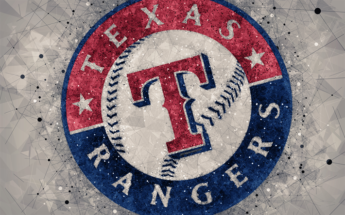 Texas Rangers, 4k, konst, logotyp, amerikansk baseball club, geometriska art, gr&#229; abstrakt bakgrund, American League, MLB, Texas, USA, baseball, Major League Baseball