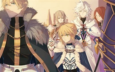 Fate Grand Order, art, Japanese manga, anime characters, Saber, Archer, Tristan, Gawain, Bedivere, Merlin, Fate stay night