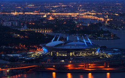 Saint-Petersburg Stadium, Krestovsky Stadium, evening, cityscape, World Champion 2018, Russia 2018, Zenit Arena, city lights