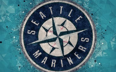 Des Mariners de Seattle, 4k, l&#39;art, le logo, l&#39;american club de baseball, art g&#233;om&#233;trique, abstrait bleu fond, de la Ligue Am&#233;ricaine, MLB, Seattle, etats-unis, le baseball, Ligue Majeure de Baseball