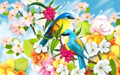 dipinto uccelli, blu-giallo uccelli, ramo, disegno, arte, fiori di primavera, foto con gli uccelli