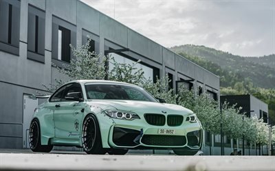 BMW M2, Z Performans, 2018 M2 ayar, yeşil spor coupe, dış cephe, &#246;nden g&#246;r&#252;n&#252;m, siyah jantlar, Alman otomobil, BMW
