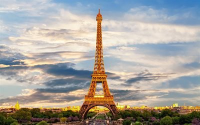 Torre Eiffel, Champs Elysees, noite, p&#244;r do sol, Paris, Fran&#231;a, lugar interessante, marcos, A Avenue des Champs-Elysees