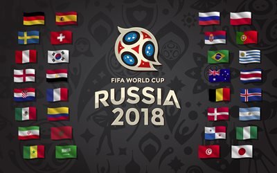 4k, Coppa del Mondo FIFA 2018, tutte le bandiere, Russia 2018, FIFA Mondiali di Russia 2018, di calcio, FIFA, calcio, logo, Coppa del Mondo di Calcio del 2018, creative