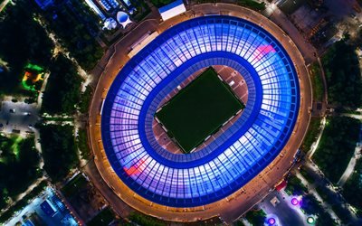 2018 la Coupe du Monde FIFA Russie, Luzhniki Stadium, Moscou, salle de sport, vue de dessus, le toit, l&#39;&#233;clairage, le soir, la nuit, stade de football, vue depuis les hauteurs, stade moderne, Russie
