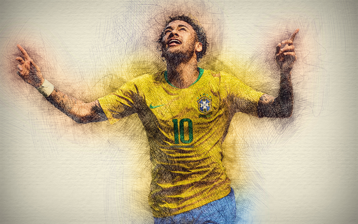 4k, Neymar, Brasiliansk fotboll, konstverk, fotboll, Neymar Jr, fotbollsspelare, ritning Neymar, Brasilianska Landslaget