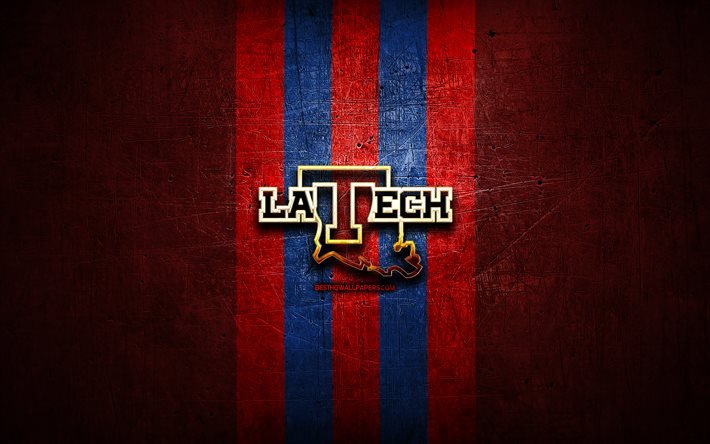Louisiana Tech Bulldogs, golden logo, NCAA, red metal background, american football club, Louisiana Tech Bulldogs logo, american football, USA