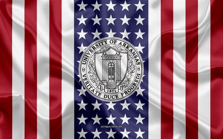 University of Arkansas Emblem, American Flag, University of Arkansas logo, Fayetteville, Arkansas, USA, Emblem of University of Arkansas