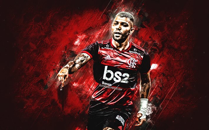 Gabriel Barbosa, Gabigol, portr&#228;tt, brasiliansk fotbollsspelare, Flamengo, r&#246;da sten bakgrund, fotboll, Clube de Regatas do Flamengo