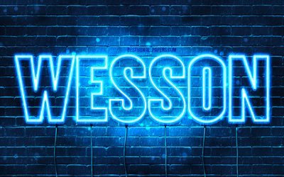 Wesson, 4k, pap&#233;is de parede com os nomes de, texto horizontal, Wesson nome, Feliz Anivers&#225;rio Wesson, luzes de neon azuis, imagem com Wesson nome