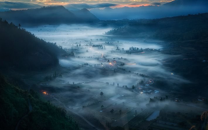Bali, valle, niebla, paisajes nocturnos, Indonesia, la hermosa naturaleza, Asia