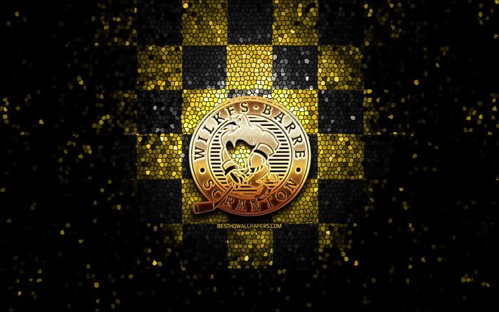 Wilkes-Barre Scranton, glitter logotyp, AHL, gul-svart rutig bakgrund, USA, amerikansk ishockey, Wilkes-Barre Scranton logotyp, mosaik konst, hockey, Amerika