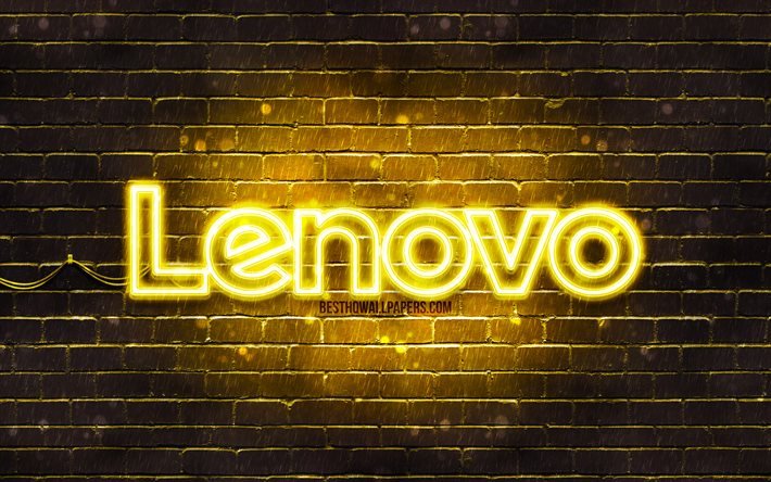 レノボは黄色のマーク, 4k, 黄brickwall, レノボのロゴ, ブランド, レノボネオンのロゴ, レノボ