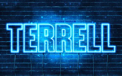Terrell, 4k, tapeter med namn, &#246;vergripande text, Terrell namn, Grattis P&#229; F&#246;delsedagen Terrell, bl&#229;tt neonljus, bild med Terrell namn