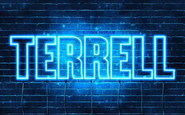 Terrell, 4k, adları Terrell adı ile, yatay metin, Terrell adı, Doğum g&#252;n&#252;n kutlu olsun Terrell, mavi neon ışıkları, resimli duvar kağıtları