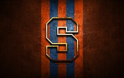 Syrakusa Orange, golden logotyp, NCAA, orange metall bakgrund, amerikansk football club, Syrakusa Orange logotyp, amerikansk fotboll, USA