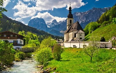 St Sebastian Church, Ramsauer Ache River, Ramsau, church in the mountains, mountain river, mountain landscape, summer, Bavaria, Bavarian Alps, Germany