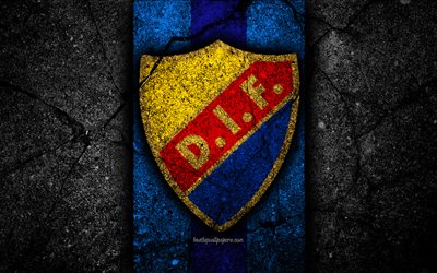 4k, Djurgarden FC, con el emblema de la premier league, el f&#250;tbol, la piedra negra, Suecia, Djurgarden, logotipos, asfalto, la textura, el FC Djurgarden