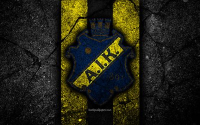 4k, AIK FC, emblema, Allsvenskan, futebol, pedra preta, Su&#233;cia, AIK, logo, a textura do asfalto, FC AIK