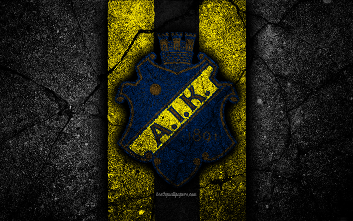 4k, AIK FC, embl&#232;me, Allsvenskan, le football, la pierre noire, la Su&#232;de, AIK, le logo, l&#39;asphalte, la texture, le FC AIK