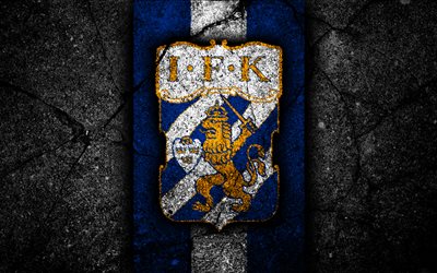 4k, Goteborg FC, con el emblema de la premier league, el f&#250;tbol, la piedra negra, Suecia, Goteborg, logotipos, asfalto, la textura, el FC Goteborg