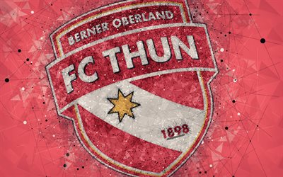 4k, Thun FC, Switzerland Super League, creative logo, geometric art, emblem, Switzerland, football, Thun, red abstract background, FC Thun