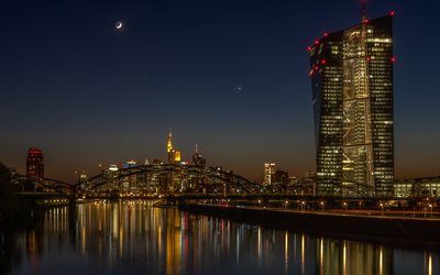 Frankfurt, Main Nehri, akşam, şehir, k&#246;pr&#252;, modern mimarisi, Almanya