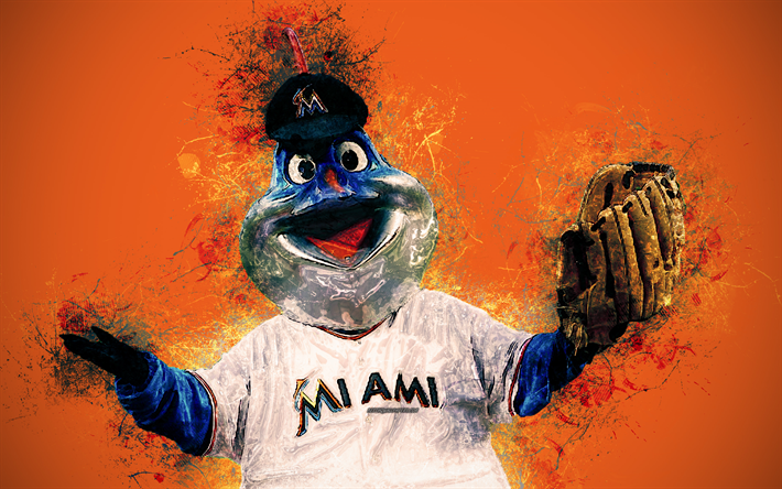 Billy Marlin, officiella maskot, Miami Marlins, portr&#228;tt, 4k, konst, MLB, USA, grunge konst, symbol, orange bakgrund, m&#229;la konst, Major League Baseball, MLB maskotar, Miami Marlins maskot, baseball