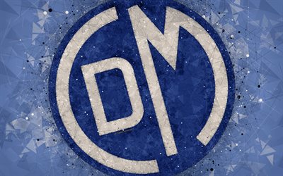 Deportivo Municipal FC, 4k, geometric art, logo, Peruvian football club, blue abstract background, emblem, Lima, Peru, football, creative art, Peruvian Primera Division