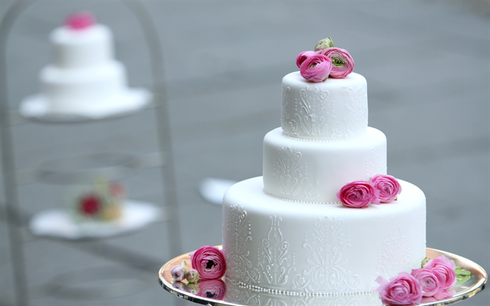 wedding cake, white cream, white multi-level cake with roses, dessert, cakes