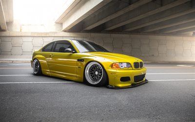 BMW M3, E46, yellow sports coupe, tuning E46, exterior, understatement, sports cars, tuning M3, BMW