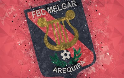 FBC Melgar, 4k, geometric art, logo, Peruvian football club, red abstract background, emblem, Arequipa, Peru, football, creative art, Peruvian Primera Division