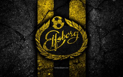 4k, Elfsborg FC, emblem, Allsvenskan, football, black stone, Sweden, Elfsborg, logo, asphalt texture, FC Elfsborg
