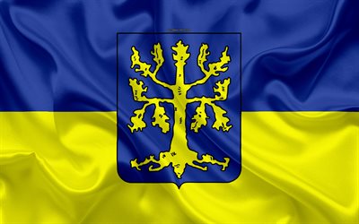 Flagga av Hagen, 4k, siden konsistens, bl&#229; gul silk flag, vapen, Tyska staden, Hagen, Nordrhein-Westfalen, Tyskland, symboler