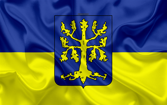 Flag of Hagen, 4k, silk texture, blue yellow silk flag, coat of arms, German city, Hagen, North Rhine-Westphalia, Germany, symbols