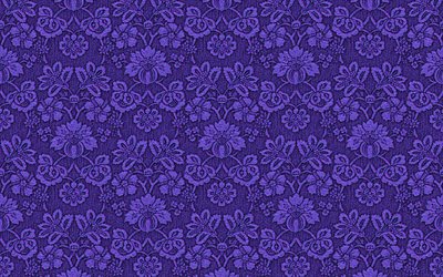 4k, 紫織, 花のパターン, 紫色の背景, ヴィンテージパターン, ダマスクパターン, ダマスクの質感