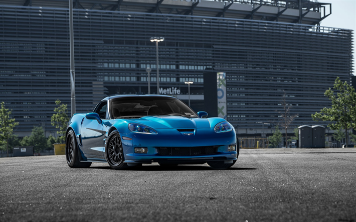 Chevrolet Corvette ZR1, 2018, blu coup&#233; sportiva, vista frontale, tuning Corvette, American auto sportive, in senso ANTIORARIO Ruote, in senso ANTIORARIO HSP2K, Due Pezzi Ibrido Ruote Forgiate