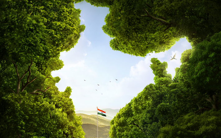 Indian flag, flagpole, art, forest, green trees, flag of India, landscape, India