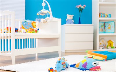 interior do quarto infantil, um design interior moderno, paredes azuis, design de interiores de quartos para o menino