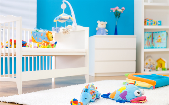 interior do quarto infantil, um design interior moderno, paredes azuis, design de interiores de quartos para o menino