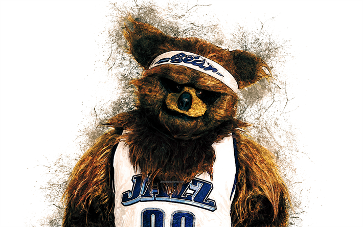 Jazz Bear, official mascot, Utah Jazz, portrait, 4k, art, NBA, USA, grunge art, symbol, white background, paint art, National Basketball Association, NBA mascots, Utah Jazz mascot, basketball