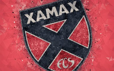 4k, Xamax FC, Switzerland Super League, creative logo, geometric art, emblem, Switzerland, football, Xamax, red abstract background, FC Xamax
