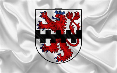 Flag of Leverkusen, 4k, silk texture, white silk flag, coat of arms, German city, Leverkusen, North Rhine-Westphalia, Germany, symbols