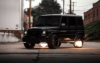 Mercedes-Benz G63 AMG, 2018, front view, tuning, fire from exhaust pipes, new black G63, German cars, Brutal SUV, W463, Mercedes
