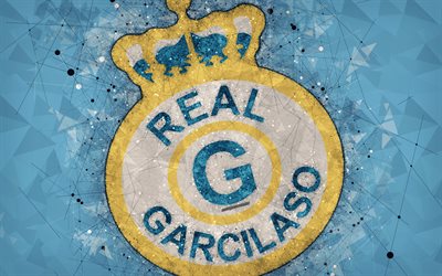 Real Garcilaso, 4k, geometric art, logo, Peruvian football club, blue abstract background, emblem, Cusco, Peru, football, creative art, Peruvian Primera Division