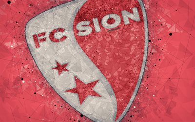 4k, Sion FC, Switzerland Super League, creative logo, geometric art, emblem, Switzerland, football, Sion, red abstract background, FC Sion