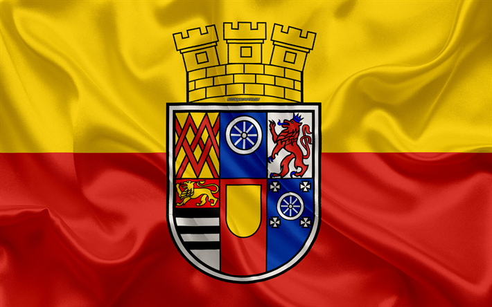 旗のMulheimアンデアルール, 4k, シルクの質感, 赤黄色の絹の旗を, 紋, ドイツ, Mulheimアンデアルール, Nrw, 記号