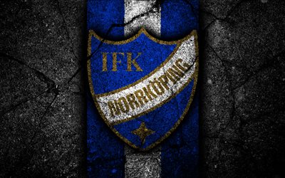 4k, Norrkoeping FC, emblem, Allsvenskan, football, black stone, Sweden, IFK Norrkoeping, logo, asphalt texture, FC Norrkoeping